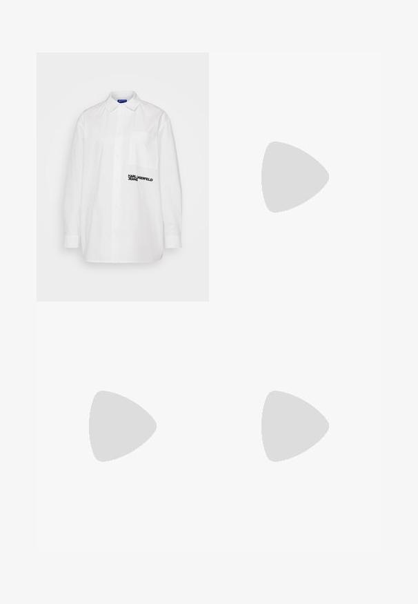 Biała koszula z guzikiem i kołnierzykiem, z kieszonką oraz czarnym logo tekstowym "KARL LAGERFELD JEANS" na lewej piersi. Gładka tekstura.; Czarne szerokie spodnie dresowe wykonane z miękkiego materiału, z elastycznym paskiem w talii oraz małym logo po lewej stronie.; Czarne skórzane trampki z białymi paskami, gumowym czubkiem, czarnymi sznurówkami i kremową podeszwą. Gładka faktura z połyskującym wykończeniem.; Okulary przeciwsłoneczne typu aviator z gradientowymi niebieskimi szkłami, srebrną metalową oprawą oraz dekoracyjnymi akcentami w kształcie gwiazdek na soczewkach. Gładki i elegancki design.