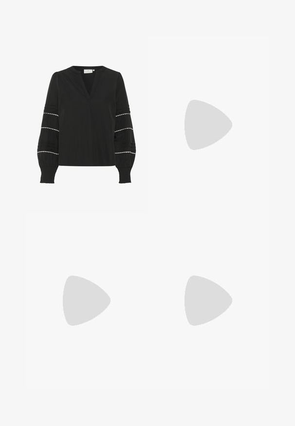 Black blouse with a V-neck, long puff sleeves featuring white scalloped trim and vertical pleats, made from lightweight fabric.; Black wide-leg denim pants with a high waist, featuring front and back pockets, stitched seams, and a button closure. Smooth texture.; Black patent leather slingback pump with a pointed toe, cutout sides, adjustable ankle strap, and a thin, sleek heel.; Black cat-eye sunglasses with dark lenses, textured black frames, and subtle glitter accents. Model wears a black turtleneck.; Black patent leather handbag with a curved shape, one shoulder strap, front pockets, and silver-tone hardware accents.