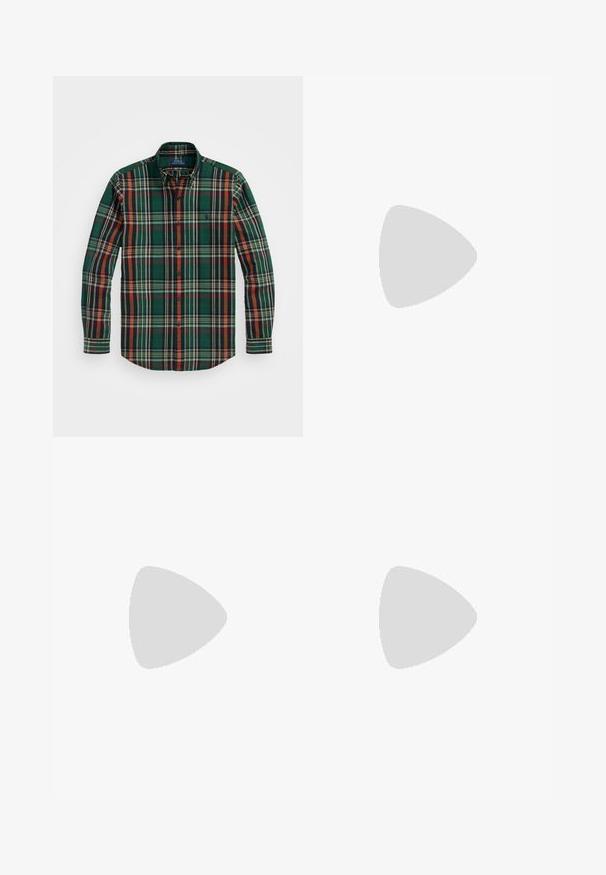 Green plaid button-up shirt with orange, navy, and white stripes. Features a classic collar and long sleeves, made from soft cotton fabric.; Olive green trousers featuring a loose, wide-leg design with front pleats. Made from textured fabric with a standard waistband and no visible hardware.; Black leather loafers feature a raised seam, two decorative straps on the upper, and a thick textured sole for added grip.; Black tote bag with two long handles, made of smooth fabric. Features a front pocket and a minimalist design. No visible hardware or patterns.; Digital Casio watch with a rose gold metal band, rectangular case, illuminated display, and water resistance, showing time and date.