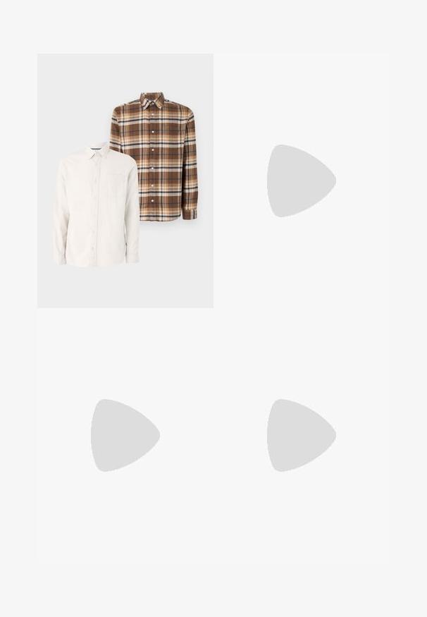 Jack & Jones JPRBLUNORRIS 2 PACK - Chemise - cloud dancer/brown; Pantalons vert olive clair en tissu mélangé coton, dotés d'une taille élastique avec cordon de serrage et de deux grandes poches latérales.; Chaussures en cuir noir à bout arrondi, à lacets, avec une semelle épaisse et texturée. Portées avec un pantalon noir ajusté et un pull à côtes.; Lunettes de soleil noires avec des verres ronds, finition mate et une forme distinctive en œil de chat. Monture fine avec un logo discret sur la branche gauche.