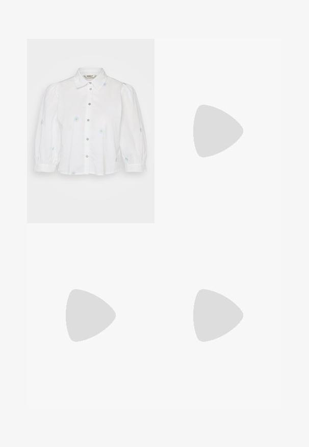 Bluză albă cu guler și mâneci bufante, cu broderie florală albastră, închidere cu nasturi și un material texturat.; Jeans albe cu croi larg, din denim, cu un front plat, două buzunare frontale și închidere cu buton, având picior drept și fără modele vizibile.; Pantofii negri cu talpă plată, vârf ascuțit, partea superioară din plasă și accente din piele veritabilă. Prezintă o curea subțire cu un detaliu hardware circular.; Ochelari de soare cu chelă de broască țestoasă, având un cadru rotund și voluminos, cu lentile maro. Prezintă modele subtile și brațe drepte, conice.