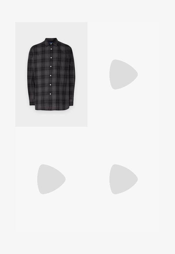 Camisa de botones en patrón de cuadros negros y grises, de mangas largas, con collar, un bolsillo en el pecho y botones blancos. Fabricada con tela ligera.; Pantalones cortos color caqui hechos de algodón suave con una textura lisa. Con cierre de botón, bolsillos laterales y un pequeño logo en el dobladillo.; Zapatillas deportivas negras con texturas brillantes y de malla, que presentan una suela gruesa y cordones, combinadas con pantalones cargo holgados de color verde oliva.; Gafas de sol negras con montura rectangular, lentes ahumados grises y diseño con corte en el puente. Material plástico brillante y elegante, con varillas estrechas.