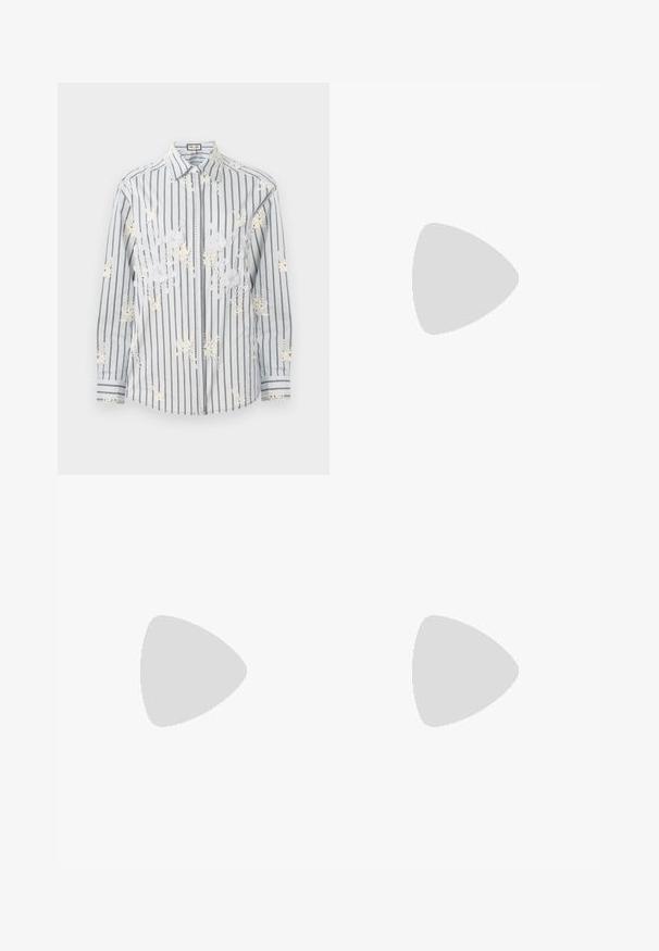 Light blue striped button-up shirt with white floral embroidery, long sleeves, and contrasting black accents on the cuffs and collar.; Brown wide-leg trousers made from a smooth fabric, featuring a front button closure, two front pockets, and clean, tailored lines.; Black leather slingback shoe with a pointed toe, featuring a woven accent and pleated upper design. Flat sole with minimal hardware.; Brown suede handbag with a geometric design, featuring a top handle and removable shoulder strap. Gold hardware accents and stitching details.