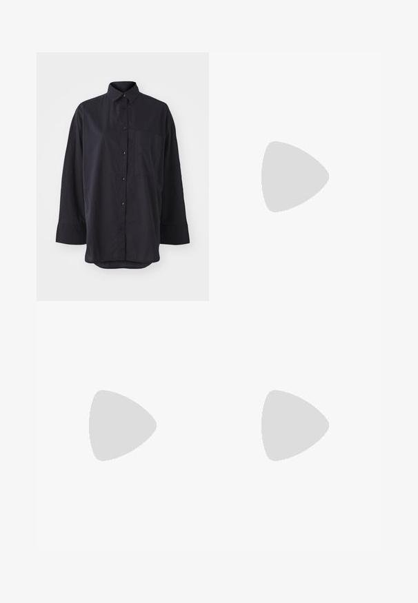 Black button-up shirt made of soft fabric, featuring a classic collar, long sleeves, a chest pocket, and a curved hem design.; Long red dress in lightweight fabric, featuring a bateau neckline and wide bell sleeves. Smooth texture with a straight silhouette.; Black leather sandal with thin straps, low block heel, and square toe. Features a buckle closure and smooth texture.; Silver pearl earrings with a curved, bean shape. Smooth, shiny surface and secured with a post and back closure.