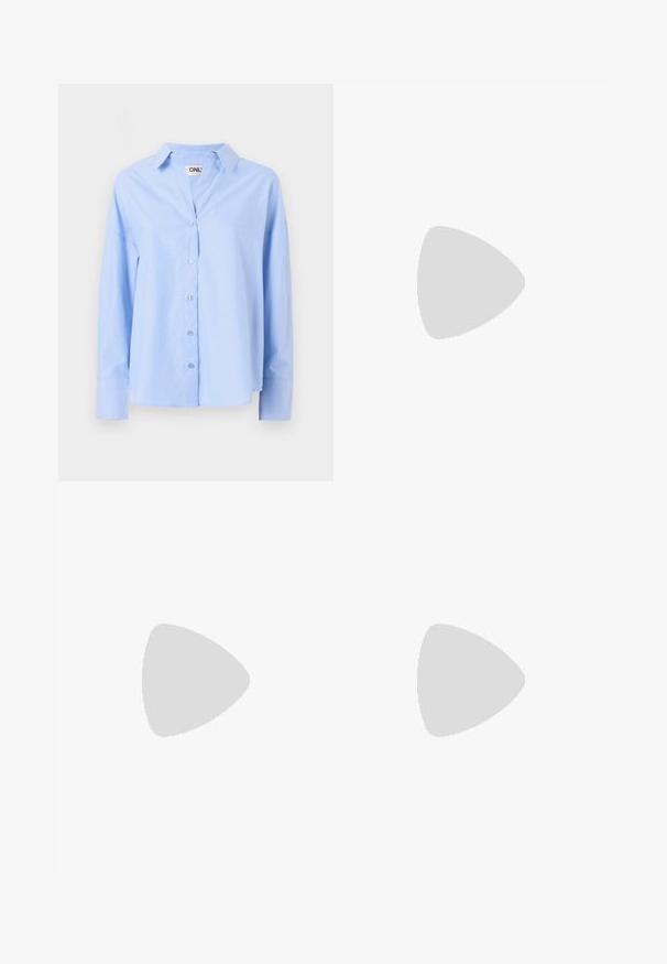Light blue button-up shirt made of smooth fabric, featuring a collar, long sleeves, and a relaxed fit with six buttons down the front.; Light blue high-waist wide-leg jeans with front button and zip closure, front and back pockets, on a white background.; White high-top canvas sneaker with black rubber sole, front rubber toe cap, and six eyelets for laces, featuring a clean, minimalist design.; Red leather handbag with an angular, geometric design. Features a single adjustable strap and a flap closure with stitched detailing.