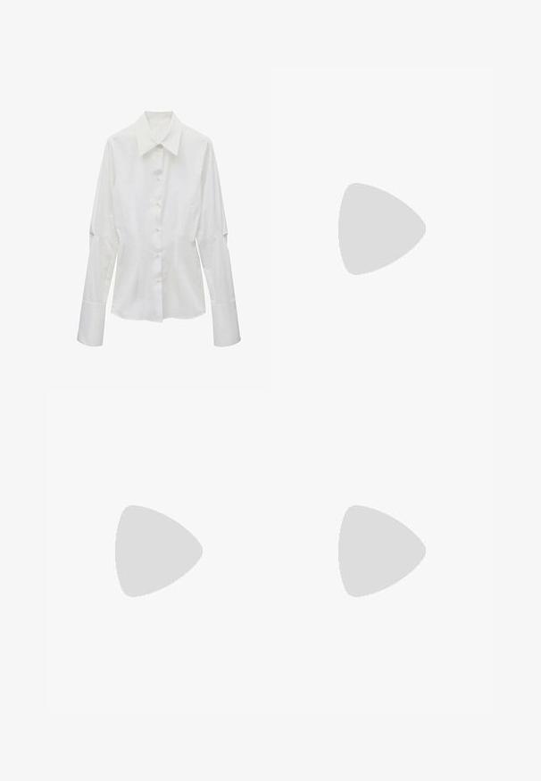 Mango SEPRAGA - Button-down blouse - white; Bershka WIDE - Trousers - black; Bershka High heeled sandals - black; Black leather handbag with a structured design, top handle, and a gold metal clasp detail on the front. Smooth texture, minimal stitching.