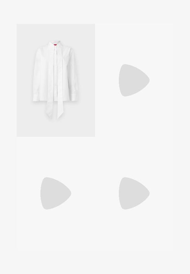 White shirt made of cotton blend, featuring a high collar, pleated front, long sleeves, and a tied detail at the hem. Smooth texture.; Black tailored trousers with a straight-leg design, featuring a smooth texture and crisp creases along the front. No visible hardware.; Black patent leather slingback shoe with pointed toe, two strap detail, gold circular accents, and a low block heel.; Black leather handbag with a structured design, featuring a cropped shape, top handle, and gold hardware accent. Adjustable shoulder strap included.