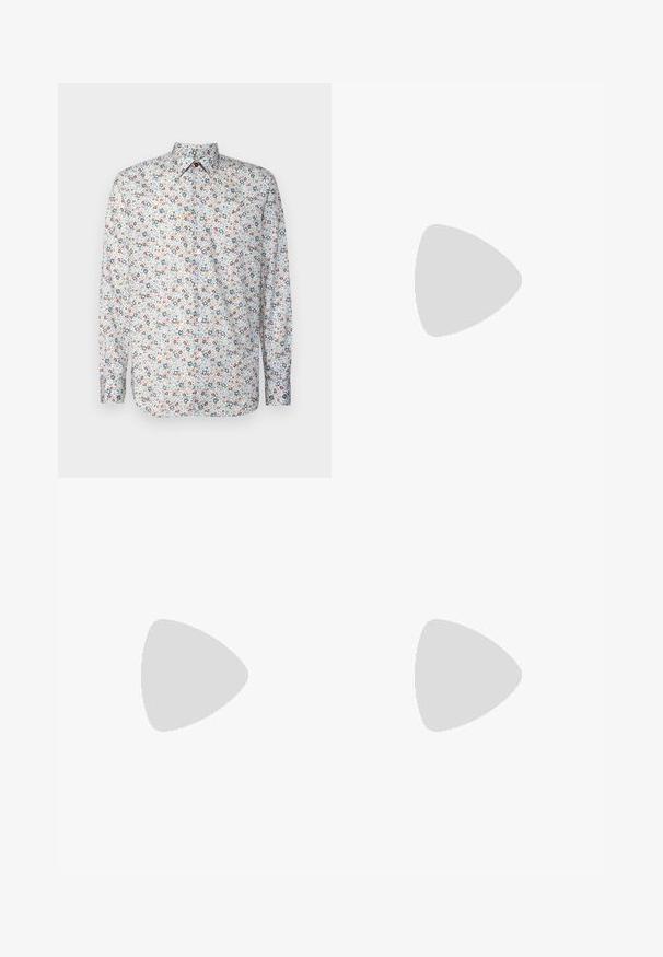 Paul Smith TAILORED FIT - Skjorter - multicolor; Filippa K TERRY CROPPED TROUSERS - Bukser - sage melange; Hvide lædersneakers med en glat overflade, rund tå, flade snørebånd og en tekstureret sål. Har et diskret logo på hælen.; Sorte runde solbriller med mørke linser og slanke metalarme. Inkluderer klare tempeltips og sølvdetaljer ved hængslet. Minimalistisk design.