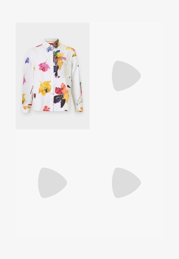 White button-up shirt featuring a colorful floral print in pink, yellow, and blue. Includes a chest pocket and long sleeves.; Black faux leather pants with a wide-leg cut, featuring white stitching, front pockets, and a gold button at the waistband.; Black leather ballet flat with a rounded toe, smooth texture, minimal stitching detail, and a flexible sole design.; Brown leather handbag with a flap closure, gold-tone hardware, a shoulder strap, and a smooth texture. Compact rectangular shape.