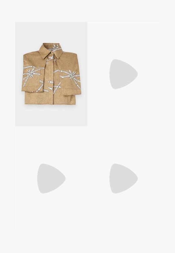 Camicia con colletto in tessuto dorato a trama, caratterizzata da etichette bianche con il logo "Elisabetta Franchi" disposte in un pattern a incrocio sulla parte anteriore.; Cardigan nero a maglia con una forma aderente, chiusura doppiopetto con bottoni dorati e due tasche frontali con dettagli in pelle.; Sandali neri con tacco alto presentano sottili cinturini con design annodato, una punta quadrata liscia e un elegante tacco a spillo.; Borsa a mano metallica grigia chiara con tracolla a catena, impreziosita da piccoli chiodi metallici circolari e da un logo triangolare del marchio.; Orecchini a cerchio in argento con una finitura liscia e lucente. Forma arrotondata, design leggero, con chiusura a perno.