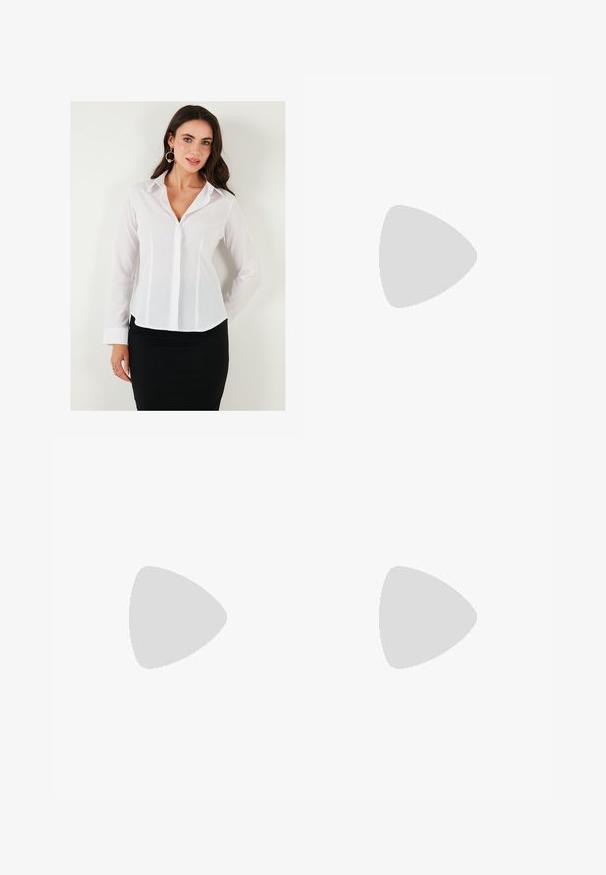White long-sleeve shirt with a collar, button-down front, and vertical seams. Pairs with a black skirt for a professional look.; Cream-colored satin wide-leg pants with black embroidered geometric patterns along the hem. Features a smooth texture and tailored silhouette.; Beige leather block-heel pump with a pointed toe, black trim along the opening, and a thin adjustable slingback strap with gold hardware.; Cream leather handbag with a crescent shape, gold hardware, black accents, and a removable strap. Features a chain detail and tag.