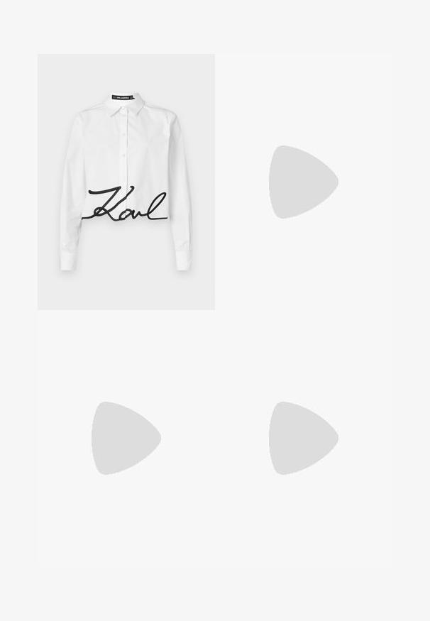 White cropped shirt made of cotton with long sleeves, featuring black embroidered signature "Karl" across the front. Classic collar and button closure.; Black wide-leg trousers with a high waist, pleats at the front, and a belt featuring a buckle. Made from smooth, lightweight fabric.; Black leather slingback heels with a pointed toe, slender heel, and decorative buckle detail on the vamp. Smooth texture and sleek design.; Black leather handbag with a pebbled texture, curved shape, top zipper closure, silver hardware, and a brown tag. Features logo accent.