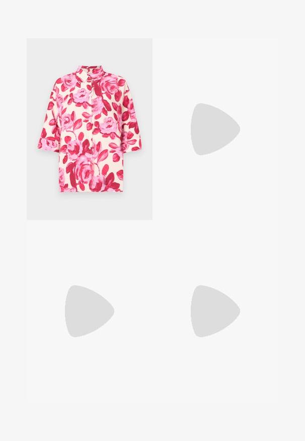 Short-sleeve button-up shirt in cream with large pink floral print; features a classic collar and relaxed fit. Fabric has a smooth texture.; Wide-leg denim trousers featuring a light to dark blue gradient, high waist, belt loops, and a matching fabric belt. Textured denim finish.; Cream-colored heeled sandals with an open toe, thick block heel, thin ankle strap, and subtle sheen finish. Buckle accent on strap.; White vegan leather handbag with curved design, featuring decorative lacing on the sides and a single shoulder strap.