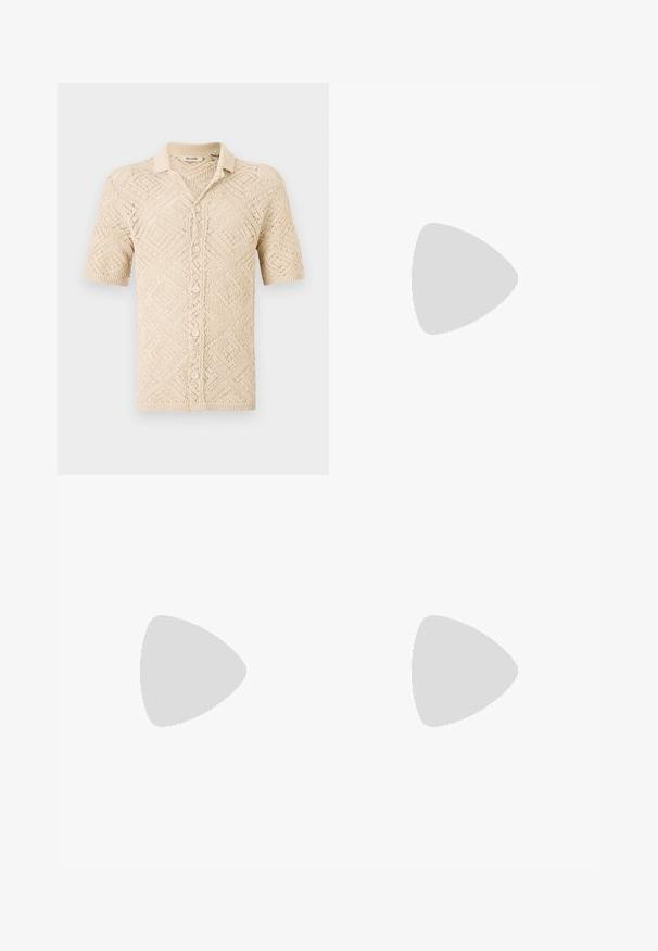 Beige short-sleeve knitted cardigan with a diamond pattern, featuring a button front and a collared neckline. Made from lightweight material.; Gray shorts with a smooth texture, flat front, two side pockets, belt loops, and a single front seam. Regular-length cut.; White leather sneaker with embossed pattern, textured white midsole, and black heel accent. Features rounded toe and flat laces.; Black messenger bag made of smooth material, featuring a fold-over flap, silver clasp hardware, and an adjustable shoulder strap.