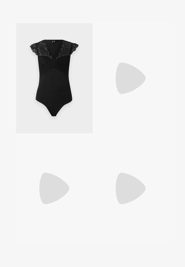 Black bodysuit with lace cap sleeves and a lace panel on the bodice. Smooth material in a fitted design with a V-neckline and a thong back.; Long-sleeve white ribbed turtleneck top with a ruffled neck and frayed hem detailing. Smooth texture, form-fitting design.; Light grey wide-leg jeans with a high waist, classic five-pocket design, button closure, and subtle fading throughout.; Pointed-toe slingback shoes in glossy beige patent leather with a narrow heel and adjustable strap for a secure fit.