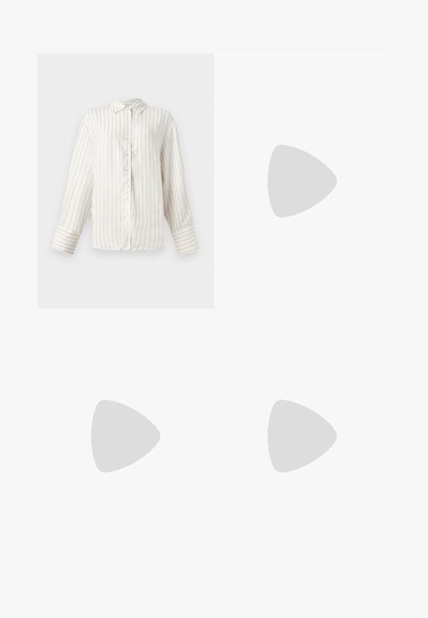 Balta garām piedurknēm krekls ar plānām bēšām vertikālām svītrām, pogu aizdare priekšā un klasiskā apkakle. Plašas aproces ar atbilstošu svītru rakstu.; Platas kājas bikses brūnā audumā, ar jostu ar kvadrāta sprādzi, plišu dizainu un gludu tekstūru.; Brūni virsceļgala zābaki, kas izgatavoti no mīkstas zamša, ar iegarenu pirkstu un masīlu melnu papēdi. Dizains ietver bezšuvju šuvju, lai radītu elegantu izskatu.; Brūns ādas plecu soma ar strukturētu formu, kurai ir magnētisks atloks un metāla logo akcents priekšpusē.