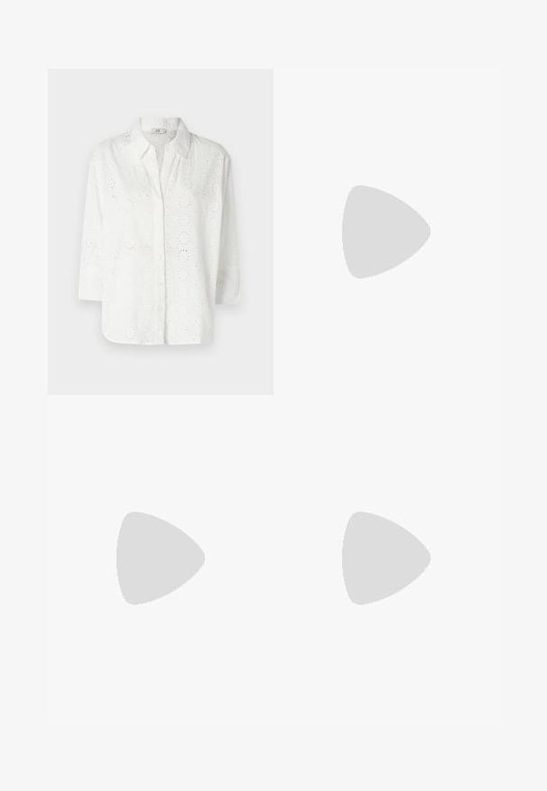White button-up shirt made of embroidered fabric with eyelet cutouts, featuring a collar and three-quarter sleeves.; Black flared jeans made of denim. Features a button closure, five pockets, and a smooth texture. The flared leg starts below the knee.; Black leather pointy-toe pump with an ankle strap and a chunky heel. Flat texture, sleek design, and minimalistic aesthetics.; Black leather tote bag with smooth texture, rectangular shape, and two long handles. No visible hardware or embellishments.