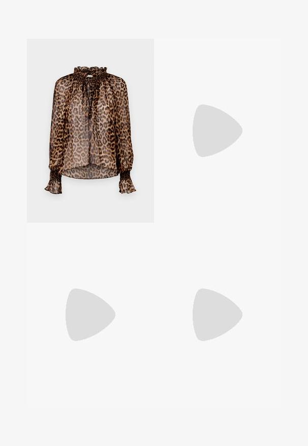 Alice + Olivia NORAH TIE PEASANT - Camicetta - brown; Gonna midi bianca in maglia con un motivo testurizzato a righe verticali e dettagli a taglio vicino all'orlo. Vita elasticizzata. Materiale morbido.; Pantofole da balletto nere in pelle con punta arrotondata, texture liscia, dettagli di cucitura minimi e design con suola flessibile.; Borsa a tracolla in pelle marrone con chiusura a pattina, hardware color oro, tracolla e una finitura liscia. Forma rettangolare compatta.