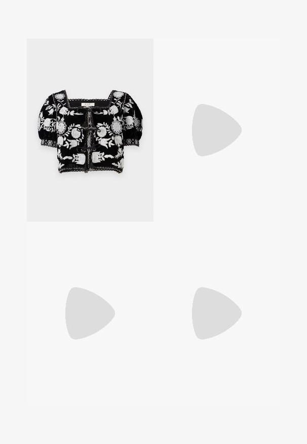 Čierny zamatový cropped top s krátkym rukávom, ozdobený striebornou kvetinovou výšivkou, čiernymi čipkovanými akcentmi a štvorcovým výstrihom so stuhami na prednej strane.; Čierne široké nohavice vyrobené z ľahkého materiálu. Majú vysoký pás, hladkú textúru a čisté línie bez vreciek alebo ozdôb.; Čierne kožené baleríny s okrúhlou špičkou, hladkým povrchom, minimálnym prešívaním a flexibilným dizajnom podrážky.; Zelená tkaná taška na rameno s dizajnom paliem v tmavozelenej farbe; má dve rukoväte a odnímateľný hnedý kožený popruh.