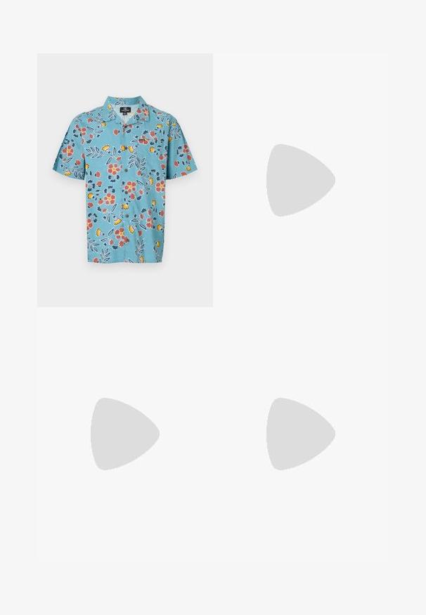 Light blue short-sleeve shirt with a floral pattern in red, yellow, and dark blue, featuring a classic collar and button closure.; Black denim wide-leg pants with a high waist, featuring five pockets and a button closure. Fabric has a smooth texture and slight stretch.; White leather sneakers with grey suede toe cap, three horizontal white stripes, blue accent, and brown rubber outsole. Textured detail on the sole.; Black oval sunglasses with dark lenses, thick frames, and silver dot accents on the sides. Smooth plastic material, contemporary design.