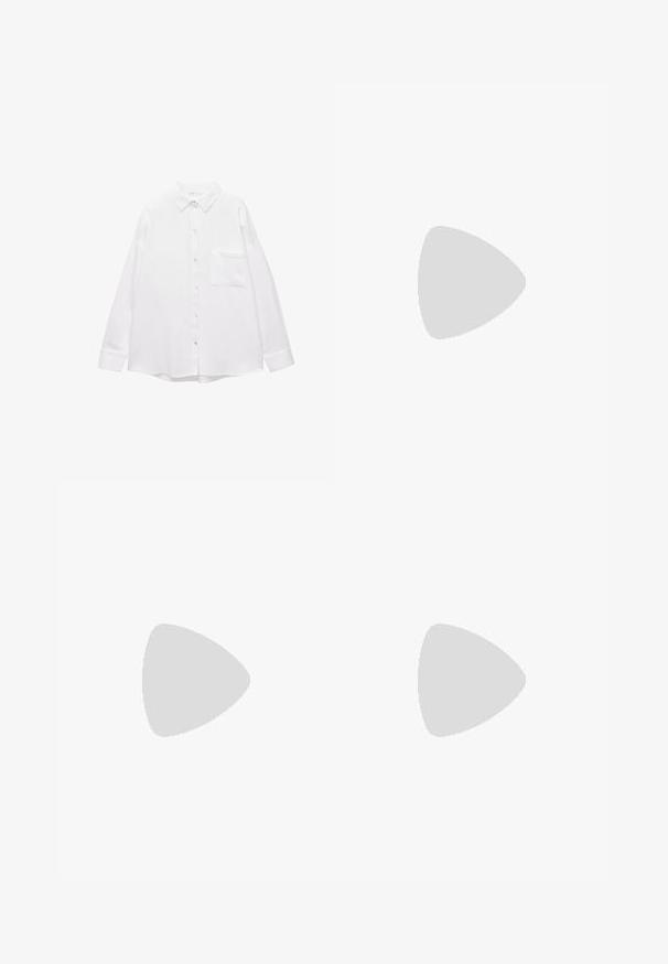 Cămașă albă cu nasturi, cu guler, mâneci lungi și un buzunar pe piept. Fabricată dintr-un material ușor, având o croială clasică și o textură subtilă.; Jeans albi cu picioare largi, realizate din denim cu o textură netedă. Dispune de o închidere cu buton și fermoar, având două buzunare frontale și două buzunare posterioare.; Even&Odd by Zalando Tocuri înalte - silver-coloured; Geantă de piele albă cu o formă curbată, curea reglabilă și un detaliu mic cu cataramă. Modelul poartă o ținută neagră ajustată.