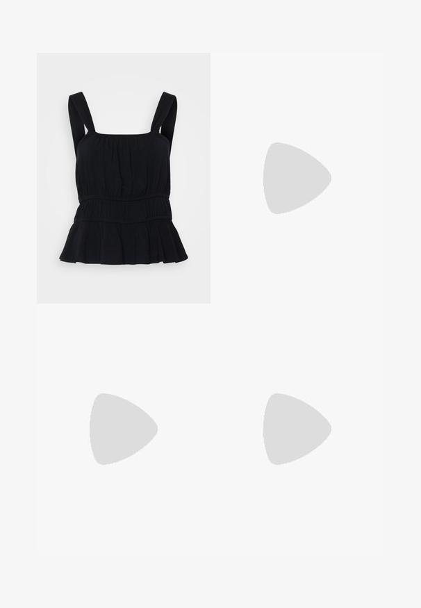 Black sleeveless top with wide straps, gathered texture, elastic waistband, and a flared peplum hem. Made from soft, stretchy fabric.; Black, floor-length satin skirt with a smooth texture, fitted waistband, and A-line silhouette, featuring no visible embellishments or patterns.; Black slip-on sandal with crossed straps. Made of smooth leather with a flat sole and minimal stitching. Simple, open-toe design.; Black oversized sunglasses with a geometric design, rectangular lenses, and glossy finish. No visible branding on the front.; Gold hoop earrings with a smooth, rounded design. Features a small hinge closure, lightweight appearance, and a polished finish.