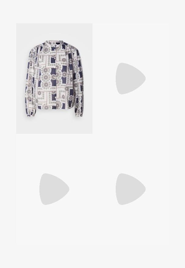 Patterned blouse with a round neckline, long puff sleeves, button closure, featuring geometric designs in navy, white, and green colors.; High-waisted denim jeans in medium blue. Features front button accents and wide-leg design. Fabric has a smooth texture with slight fading.; White pointed-toe slingback heels with a thin ankle strap. Smooth leather material, thin stiletto heel, and a black interior lining.; Silver drop earrings with a square stud, featuring a smooth, polished finish and a teardrop shape, reflecting light with a glossy surface.