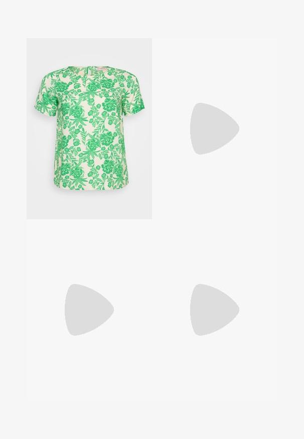 Kortärmad topp i ljus krämfärgad tyg med ett livligt grönt blommigt och bladigt mönster, som har en rund halsringning och avslappnad passform.; Vita bomullbyxor med rak ben-design, som har en framknäppning med knapp, bältesöggor och subtila sömdetaljer.; Svart läderskon i balettstil med rund tå, prydd med en dekorativ rosett och slät yta. Minimalistisk design med en låg, platt sula.; Rosa transparenta solglasögon med ovala linser, mörkröd toning och smala bågar, med en mjuk yta och subtila detaljer på ramen.