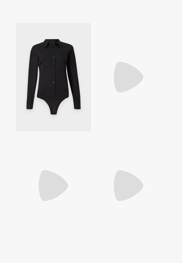 Bodysuit noir à manches longues avec un col, fermeture à boutons sur le devant et une partie inférieure lisse et ajustée.; Camisole en satin bordeaux avec de fines bretelles réglables et un décolleté en V. Texture lisse, design simple, sans motifs ni accents visibles.; Jupe midi en satin bourgogne avec une texture lisse, une taille ajustée et un ourlet fluide, dotée d'une fente latérale pour plus de facilité de mouvement.; Chaussure slingback en cuir noir avec un bout pointu et un talon fin et incurvé. Dispose d'une sangle ajustable discrète avec une boucle en métal.