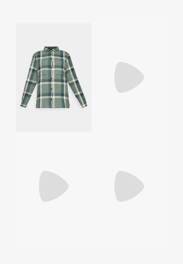 Camicia button-up a quadretti verdi e crema con maniche lunghe, due taschini sul petto e colletto classico, esposta su uno sfondo bianco.; T-shirt nera a maniche lunghe in cotone con colletto rotondo. Presenta un piccolo logo bianco sul lato sinistro del petto. Design semplice e vestibilità comoda.; Pantaloni cargo in nylon nero con zip rimovibile, polsini regolabili, molteplici tasche e un logo sulla gamba destra. Tessuto liscio e leggero.; Scarpa atletica beige e crema con tomaia in mesh testurizzato, sovrapposizioni supportive e suola in gomma con un motivo a tasselli per la trazione.
