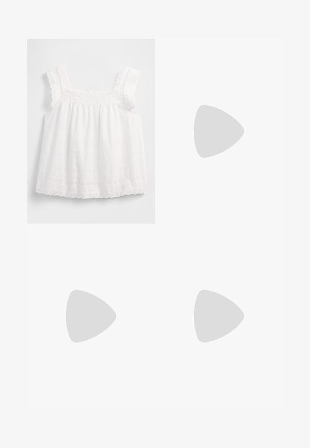 White, sleeveless top featuring a gathered design, scalloped edges, and floral eyelet patterns with delicate detailing along the straps.; White, wide-leg trousers made of smooth fabric. Features a single yellow button closure and pleated front design. No visible pockets.; White high-heeled shoe with a pointed toe, block heel, and ankle strap. Smooth finish with a subtle shine and beige inner lining.; White leather handbag with a structured design, featuring a magnetic clasp and a shoulder strap, showcased against a neutral background.