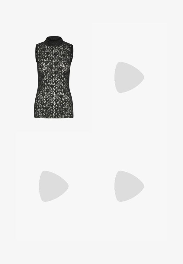 Top sans manches en dentelle noire avec un col haut, présentant un motif floral complexe et un design ajusté. Légère brillance visible sur le tissu.; Jeans en denim bleu clair à jambes larges avec une taille haute, fermeture à bouton et à glissière, et un détail à cordon à la taille. Finition à l'ourlet brut.; Escarpins slingback en cuir verni noir avec un bout pointu, un design découpé sur les côtés et un petit talon carré. Texture lisse avec des accents minimaux.; Lunettes de soleil en écaille avec des verres ovales, teinte brune et branches fines à motif. Matériau plastique léger avec de subtils accents dorés.