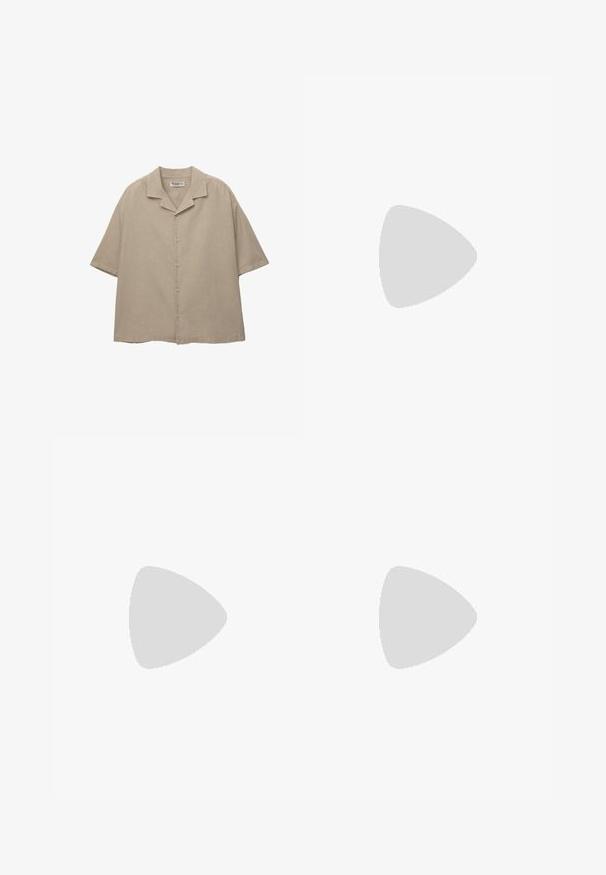 Rövid ujjú bézs gombos ing, könnyű anyagból készült, laza fazonú, kivágott gallérral és diszkrét mintázattal.; Fehér pamut póló rövid ujjal, kerek nyakú, laza szabású, és nincsenek látható logók vagy minták. Simább textúra és minimalista dizájn.; Magasan szabott, bővebb szabású farmernadrág fakó fekete denim anyagban. Öt zsebbel, övhurkokkal és tiszta, egyenes lábszár dizájnnal rendelkezik.; Szürke és fehér sportcipő, velúr és bőr felsőrésszel, kerek orral, lapos fűzőkkel és gumitalppal, amelyen rágógumi színű díszítés található.