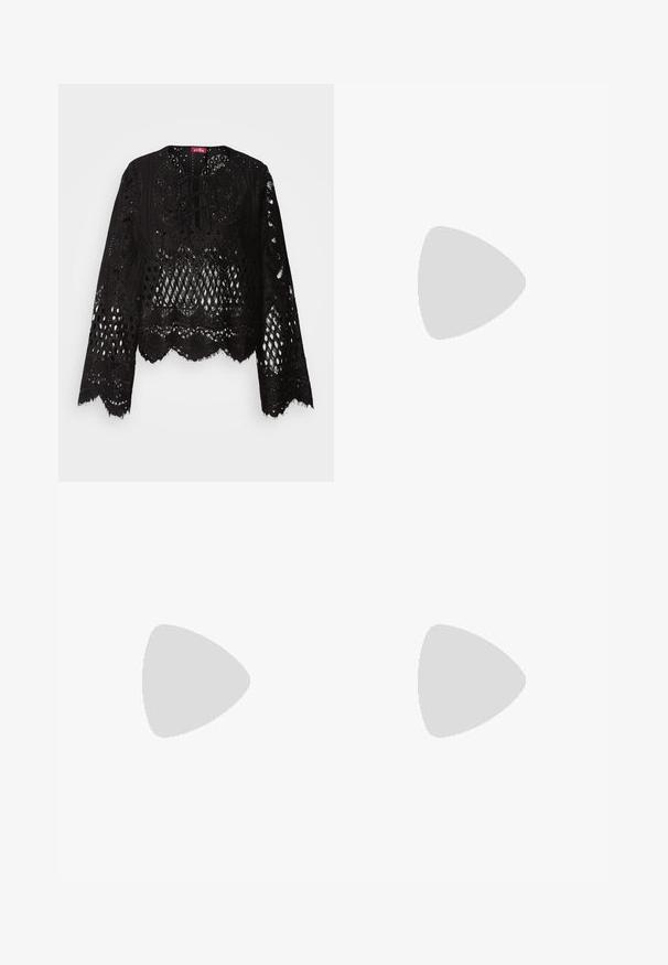 Blusa nera in pizzo con intricati motivi ritagliati, bordi a scallop, maniche lunghe e dettaglio con lacci sul collo. Texture morbida.; T-shirt in cotone nero con una grande grafica a stella grigia con effetto schizzo. Il testo recita "Sogna in grande Brilla luminoso" sopra e "Cosmic Couture" sotto.; Shorts sportivi neri realizzati in materiale morbido, dotati di una vita elasticizzata, chiusura con cordino e tasche laterali. Dettagli argentati sul cordino.; Stivale in pelle verniciata nera alto fino al ginocchio, con punta affusolata, tacco basso e doppi cinturini vicino alla caviglia. Finitura liscia e lucida.; Borsa a mano rossa con finitura lucida, caratterizzata da un motivo a rosa. Ha una forma curva, manico corto e un accento con logo argentato.