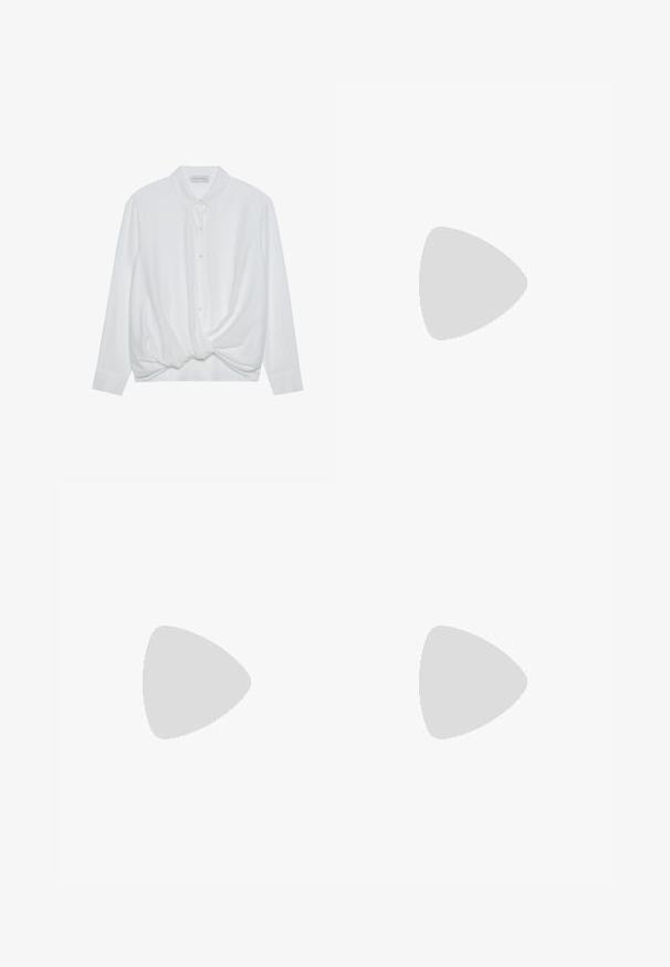 White long-sleeve shirt with a collar, button front, and twisted knot detail at the hem. Smooth fabric with a relaxed fit.; Black wide-leg pants featuring a textured fabric, an elastic waistband, and a detachable sash tie at the waist for adjustable fit.; Black open-toe heeled sandal with crossed straps, adjustable ankle strap, and a chunky heel, featuring a smooth leather texture.; Black handbag with structured shape, smooth texture, and a metallic clasp. Paired with wide black pants and open-toe sandals on wooden floor.
