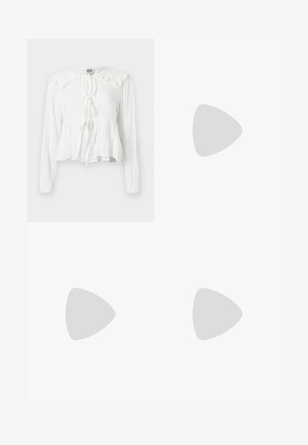 BDG Urban Outfitters COLLARED TIE UP SHIRT - Blúz - white; Világoskék, trapézszárú farmernadrág, magas derékkal, öt zsebbel és egy gombos záródással. Puha tapintású, magasított effektusú anyag.; Fekete lakk bőr szandálkés magas sarkú cipő, hegyes orral és geometrikus tömbsarkakkal. Karcsú, minimalista dizájn és sima textúra jellemzi.; Fekete bőrtáska ívelt formával, levehető pánttal és arany színű fémrészekkel. A táskán egy csattal díszített fedél található.