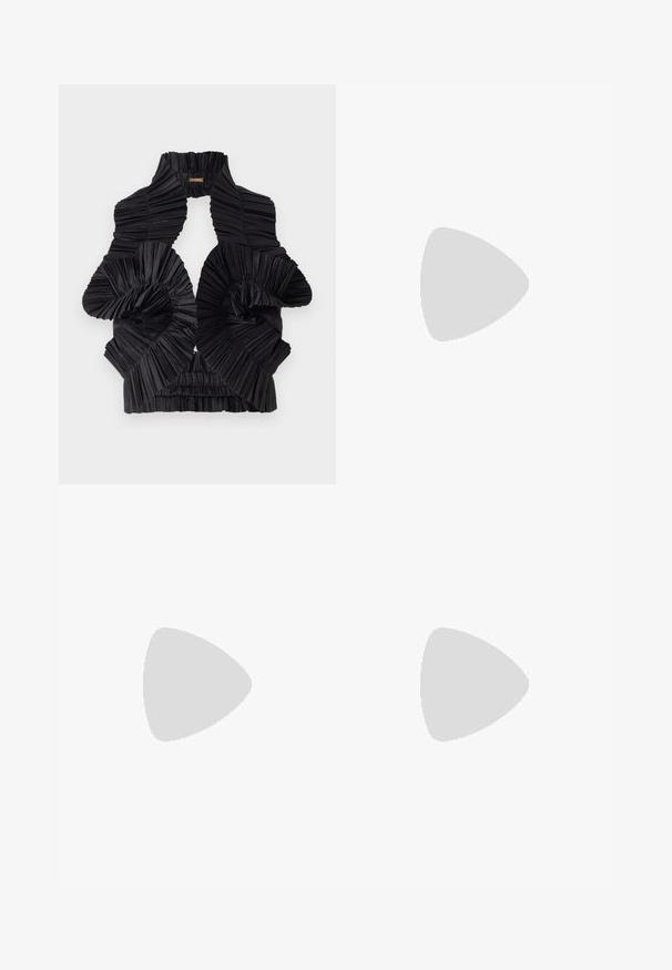 Black pleated fabric top with a high collar, featuring spiral ruffles and an elasticized bottom hem for shape and texture.; Black maxi skirt with a smooth, satin texture, featuring a high waistband and pleated design flowing to the hem.; Black patent leather high-heeled mule with a pointed toe and a sleek silhouette, featuring an open back and a slender stiletto heel.; The Kooples SAC - Handbag - black
