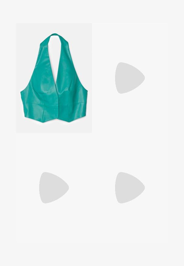 Teal halter-style cropped top made of smooth, shiny material. Features deep V neckline and structured triangle shape. No closures.; Black wide-leg pants made of woven fabric, featuring a high waist, front button closure, and side pockets. Smooth texture with clean lines.; Beige high-heeled sandal with a square toe, thin ankle strap, and block heel. Smooth leather texture with a gold buckle detail.; Black leather crossbody bag with a gold-toned metal accent and adjustable strap, featuring a smooth texture and curved shape.