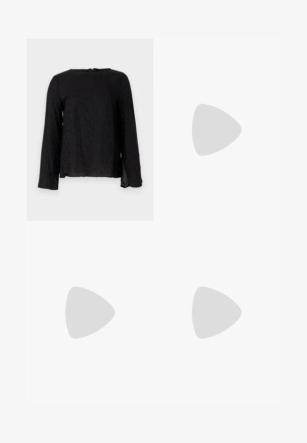 Maglietta nera a maniche lunghe con un design testurizzato caratterizzato da lettere ripetute, scollo rotondo e apertura a chiave sul retro.; Pantaloni neri a gamba dritta in tessuto liscio, con vita piatta, passanti per la cintura e senza tasche visibili o decorazioni.; Sandali neri in pelle con dettagli in oro, caratterizzati da più cinghie e una suola piatta per un design open-toe.; Borsa a tracolla nera in pelle con due tasche frontali, fibbie dorate, chiusura con zip e una tracolla sottile. Superficie texturizzata e forma rettangolare compatta.