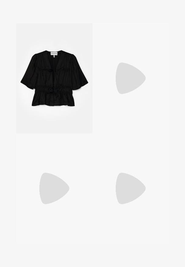 MUNTHE Blouse - black; Wide-leg trousers in dark navy fabric, featuring a smooth texture, subtle front pleats, and a fitted waistband for a streamlined silhouette.; Black leather slingback shoe with a pointed toe, decorative straps featuring metal eyelets, and a low block heel. Textured surface.; Brown textured leather crossbody bag with gold chain strap and flap closure. Front features logo detail and a pocket under the flap.