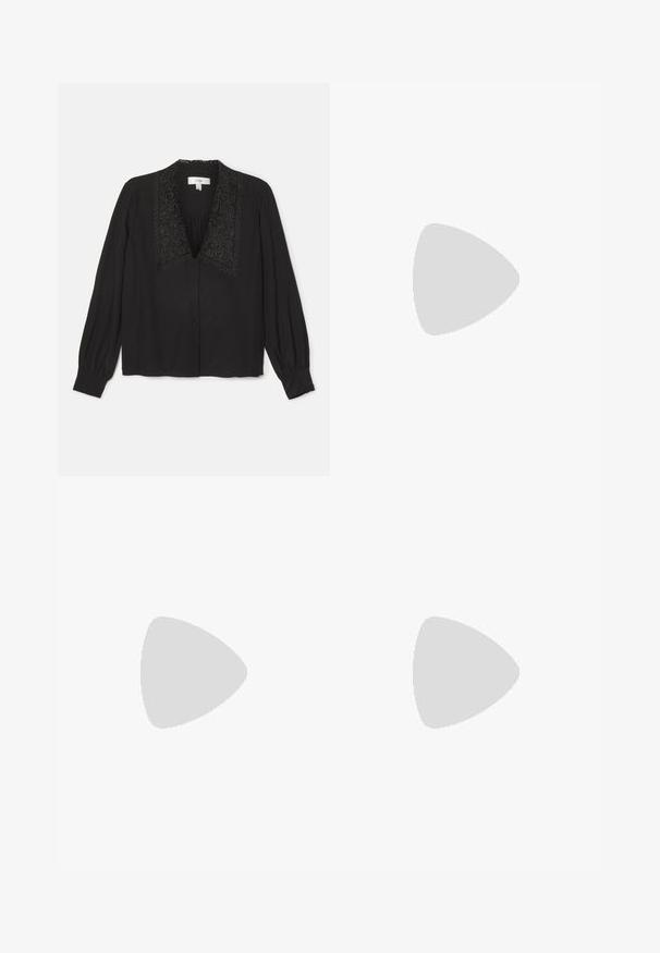 Schwarze Bluse mit langen Ärmeln, ausgestattet mit einem dekorativen bestickten Kragen, Knopfverschluss und gerafftem Detail an der Brust. Glatte Textur.; Weißes Baumwoll-T-Shirt mit kurzen Ärmeln, runder Halslinie, lockerer Passform und genähtem Saum. Etikett sichtbar am inneren Kragen.; Weiße weite Hosen aus Baumwolle mit glatter Textur. Sie verfügen über einen vorderen Knopf, einen Reißverschluss und ein Design mit vier Taschen.; Schwarze Lack-Slingback-Pumps mit spitzem Zehenbereich, versehen mit strukturiertem Schlangenprint, verstellbarem Riemen und einem kurzen, strukturierten Blockabsatz.; Schwarze Leder-Umhängetasche mit zwei vorderen Taschen, goldenen Schnallen, Reißverschluss und einem schmalen Tragegurt. Texturierte Oberfläche und kompakte rechteckige Form.