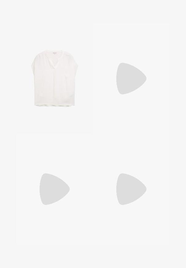 Blouse blanche à manches courtes avec un décolleté en V, texture douce, coupe ample et couture subtile au niveau des épaules et de l'ourlet.; Pantalons palazzo en satin couleur crème avec des motifs géométriques noirs brodés le long de l'ourlet. Présente une texture lisse et une silhouette ajustée.; Escarpin en cuir beige à talon carré avec un bout pointu, bord noir le long de l'ouverture, et une fine bride arrière réglable avec des accessoires en or.; Sac à main en cuir crème avec une forme de croissant, quincaillerie dorée, accents noirs et une bandoulière amovible. Présente un détail en chaîne et une étiquette.