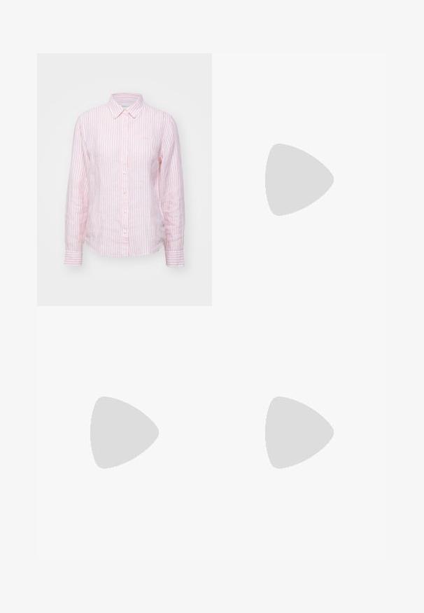 Pink and white striped button-up shirt with long sleeves, made from a lightweight fabric, featuring a classic collar and a curved hem.; Cream-colored, high-waisted trousers made of textured fabric. Features a front button closure and tapered legs.; Flat sandals in cream leather with thin cross straps, ankle strap with buckle, minimalistic design, and a contrasting black sole.; Cream-colored handbag with a textured finish, curved shape, short handle, and gold-tone logo detail. Zipper closure at the top.