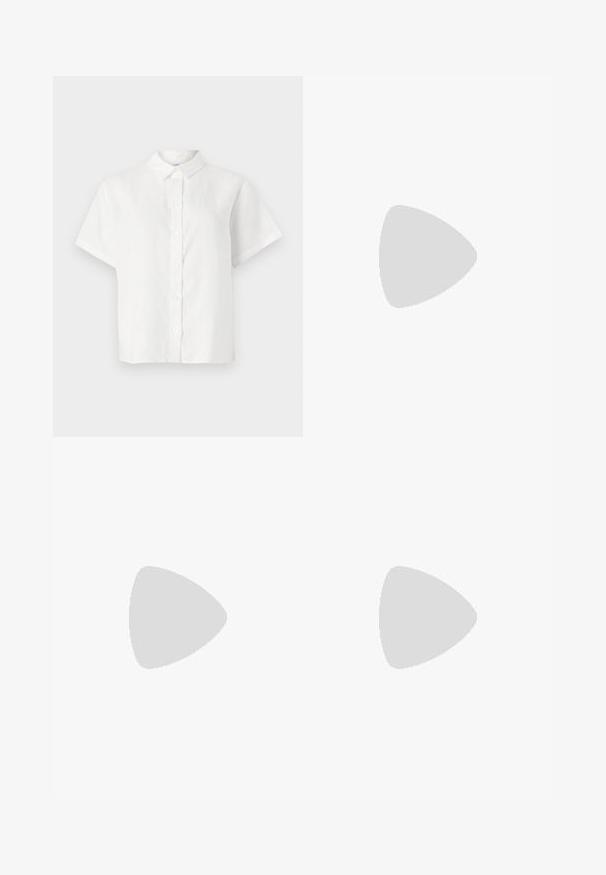 White short-sleeve shirt made of linen with a pointed collar and button-down front. Features a relaxed fit and smooth texture.; Wide-leg black trousers made of soft fabric. Features a belted waistband and front pleats. Smooth texture with a clean, contemporary design.; Black leather mules with a pointed toe and low, block heel. Smooth texture with a sleek design. Open back with minimal detailing.; White leather handbag with a curved shape, featuring a silver triangular logo and zipper closure. Smooth texture and dual handles.