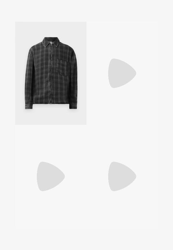 Jachetă cu fermoar în carouri negre și gri, cu guler, mâneci lungi și un buzunar pe piept. Fabric dintr-un material texturat. Detaliu cu fermoar neted.; Pantaloni din denim negri cu picioare largi, talie înaltă, design cu cinci buzunare și cusături subtile. Materialul are o finisare netedă, ușor texturată.; Mocasini din piele neagră cu o talpă din cauciuc masiv, având o platformă ridicată și o curea peste glezna piciorului. Textură fină și formă rotundă.; Geantă dintr-un material textil negru, cu un model texturat și matlasat. Formă rotundă, mânere scurte și groase, și o structură moale, flexibilă.