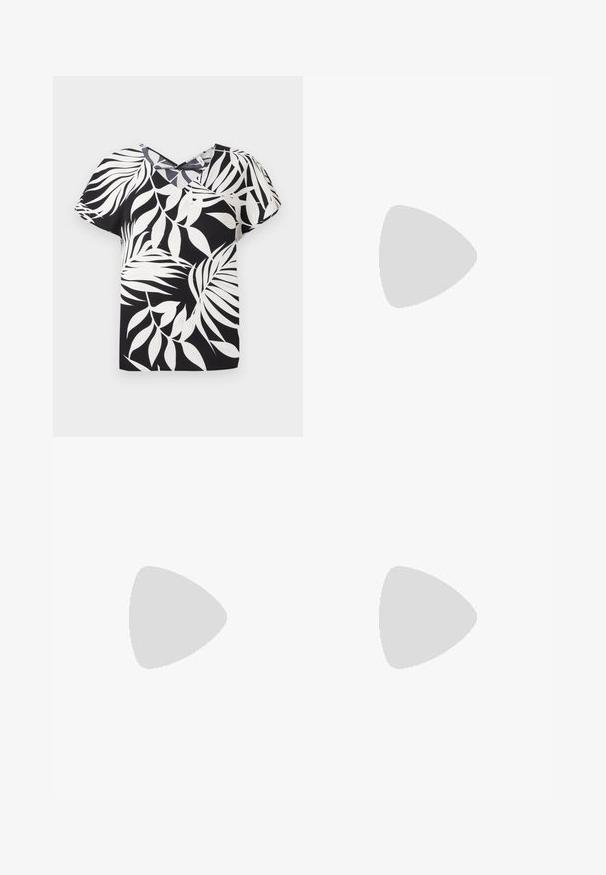 Crna bluzica kratkih rukava s bijelim uzorkom lišća, s dekolteom u obliku slova V i teksturiranom tkaninom.; Crne široke traperice s visokim strukom, koje imaju dva prednja džepa i metalne gumbe kao ukrase. Tkanina ima glatku teksturu.; Crne platforme sandale s debelim, nazubljenim potplatima i višestrukim trakama, s metalnim kopčama i glatkom teksturom koja podsjeća na kožu.; Crna kožna torba s lukovitim oblikom, odvojivim remenom i zlatnim detaljima. Torba ima preklop s kopčom.