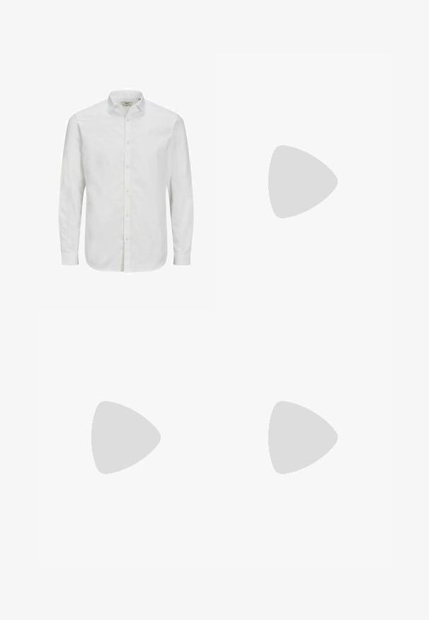 Weißes, langärmliges Hemd aus Baumwolle, mit klassischem Kragen, geradem Schnitt und subtiler Textur. Standard Knopfverschluss.; Schwarzes, übergroßes T-Shirt mit dunkelgrauem "ALLSAINTS"-Schriftzug über der Brust und "LONDON" in kleineren Buchstaben darunter.; Hellblaue Slim-Fit-Jeans mit leichtem Verblassen an den Oberschenkeln, vorderem Knopfverschluss, Gürtelschlaufen und Fünf-Taschen-Stil auf einem weißen Hintergrund.; Graue Sportausstattung mit einem Obermaterial aus Wildleder und Textil, weißem Nike-Swoosh und weißen Schnürsenkeln. Verfügt über eine strukturierte Gummisohle und einen gepolsterten Kragen.