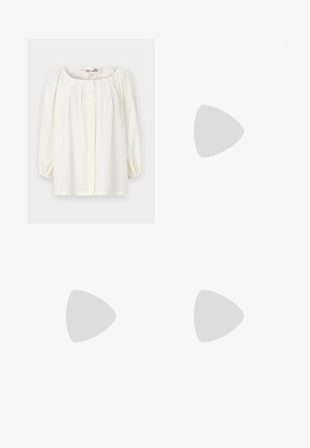 White blouse with a scoop neckline, pleated front, and three-quarter puff sleeves. Made of lightweight fabric with a soft texture.; Beige tailored trousers with a high waist, pleated front, and wide-leg cut. The fabric appears smooth with a slight sheen.; Black ankle boot made of glossy leather with a pointed toe and a chunky, square heel. Features a smooth texture and minimalistic design.; Black leather crossbody bag with two front pockets, gold buckles, zipper closure, and a slim strap. Textured surface and compact rectangular shape.