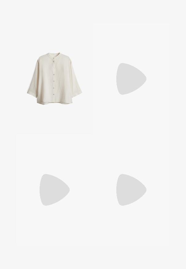 Camicia oversized beige chiaro con scollo rotondo, chiusura con bottoni frontali e maniche a tre quarti. Tessuto morbido e testurizzato con una vestibilità comoda.; Jeans in denim blu con gamba dritta e vita alta, design a cinque tasche e chiusura con bottoni. Cuciture evidenti e rivetti di tonalità rame.; Sneaker piattaforma bianche con texture in pelle liscia, dettagli perforati e lacci piatti; presenta una robusta suola in gomma bianca.; Pochette in tessuto beige dalla forma arrotondata, con parte superiore piatta e dettagli di cucitura sottili. Include un logo minimalista e una strap laterale.