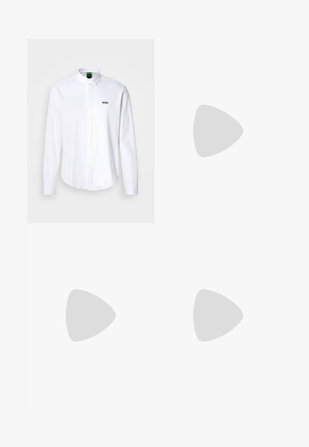 Camicia bianca button-up in cotone, dotata di colletto classico e di un logo ricamato discreto sul lato sinistro del petto. Texture liscia.; T-shirt bianco in cotone con collo rotondo, maniche corte e un logo a rilievo discreto sul petto. L'etichetta interna ha un accento arancione.; Jeans in denim blu con vita alta, design a gamba dritta e leggera sbiaditura. Presentano il classico stile a cinque tasche e chiusura con zip.; Scarpe da ginnastica bianche in mesh e suede, con una suola intermedia testurizzata, dettagli testurizzati e il logo "HUGO" sul lato.